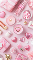A flat lay of pink-themed gifts and decor items for celebrations or special occasions.
