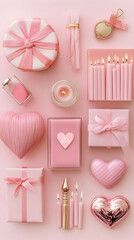 A collection of pink gifts, candles, and decorative items arranged aesthetically.