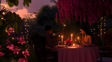 A romantic dinner setting with candles and flowers under a twilight sky.