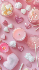 A colorful arrangement of pink candles and heart-shaped sweets for a romantic setting.