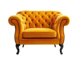 Elegant yellow armchair with tufted backrest and curved wooden legs, luxurious furniture design for living room interior isolated on transparent background