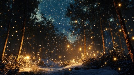 A sparkling Christmas night in a forest with illuminated trees, a bright starry sky, and snow softly falling
