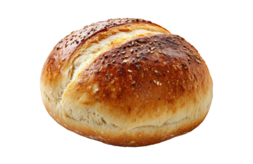 Round bread loaf with golden crust, artisanal baked bread, sesame seed topping, rustic bakery product, fresh bread texture, isolated on transparent background, traditional loaf