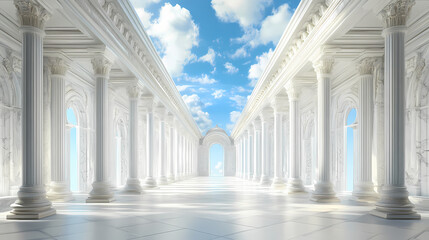 Obraz premium Ornate white marble corridor with blue sky and clouds. Liminality. Illustration