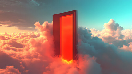 Puerta roja en nube generada por inteligencia artificial. Liminality. Illustration