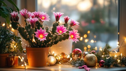 A cheerful display of blooming Christmas cactus flowers surrounded by festive holiday decorations and lights