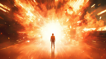 Short description: a person stands at the cusp of a cosmic explosion, an earthly witness. Liminality. Illustration