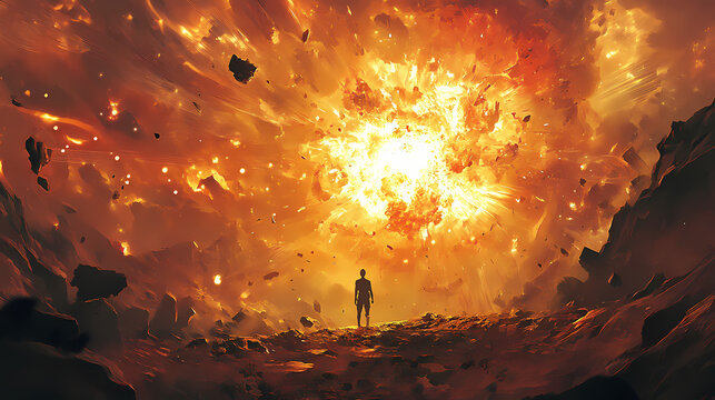 Short description: a person stands at the cusp of a cosmic explosion, an earthly witness. Liminality. Illustration