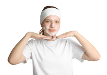 Teenage girl washing her face with cleanser on white background. Cosmetic product