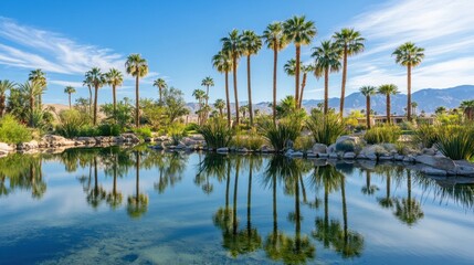 Obraz premium Serene Tropical Oasis with Palm Trees and Reflections in Water
