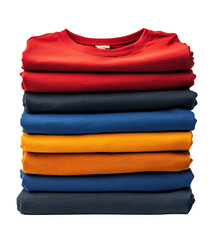 Stack of colorful folded t-shirts, casual apparel, neatly arranged clothing, vibrant colors, isolated on transparent background, fashion basics, wardrobe essentials, clothing stack