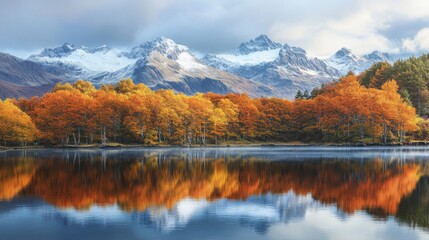 Fototapeta premium Autumnal Trees Reflecting in Calm Lake With Snowy Mountains