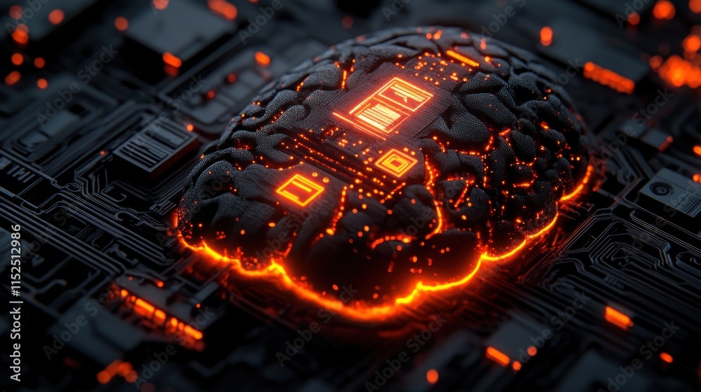 Poster glowing brain integrated into circuit board, representing ai and neural networks.