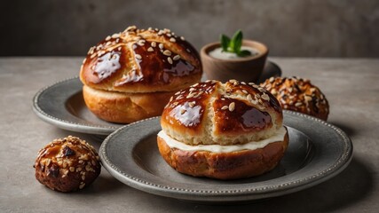 Close-up of glazed sweet buns filled with cream, garnished with sugar and nuts, served on rustic plates with a cozy backdrop.

