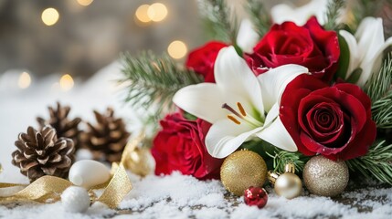 A delicate arrangement of red roses and white lilies with pinecones and gold ribbons on a snowy holiday table
