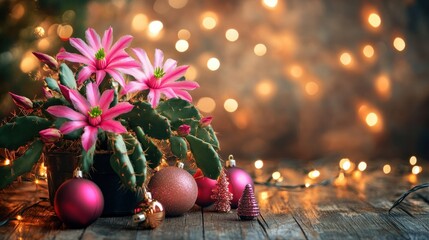 A delicate Christmas cactus in full bloom with pink flowers, surrounded by ornaments and holiday lights