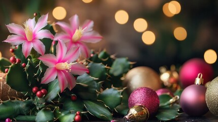 A delicate Christmas cactus in full bloom with pink flowers, surrounded by ornaments and holiday lights