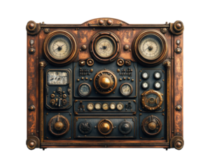 Control panel designed for airship navigation featuring gauges, dials, and vintage aesthetics. Isolated on transparent background, png.