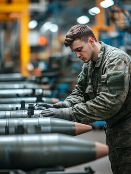 Soldier maintains artillery munitions in factory