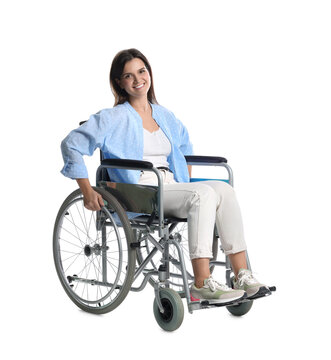 Smiling woman in wheelchair on white background