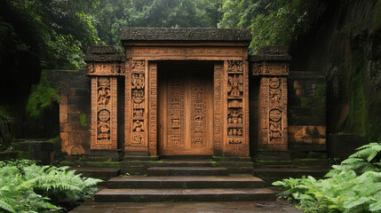 Facade, Ancient stone temple surrounded by lush greenery, featuring intricate carvings and an inviting entrance, evoking a sense of mystery and history.