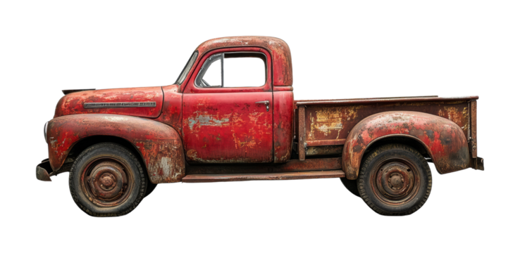 Rustic vintage red pickup truck with weathered paint, perfect for retro themes, automotive projects, or countryside visuals isolated on transparent background.
