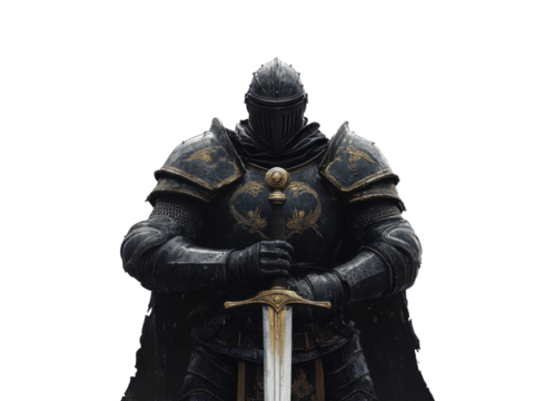 Strong warrior stands with sword raised high in a bold display of power and readiness for battle. Isolated on transparent background, png.