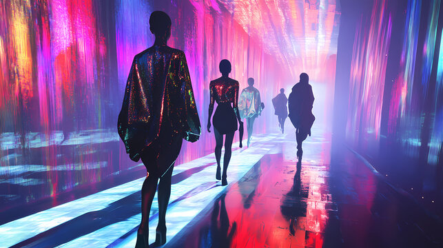 Holographic fashion runway with phased dimensional models in surreal spectrum backdrop. Liminality. Illustration