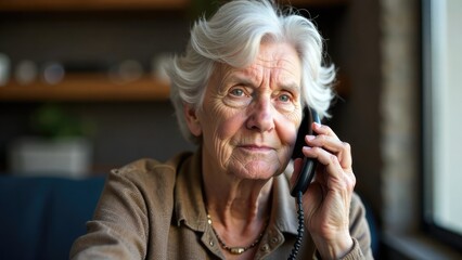 A senior woman with white hair is talking on a corded phone with a serious expression.
Concept of important phone call.