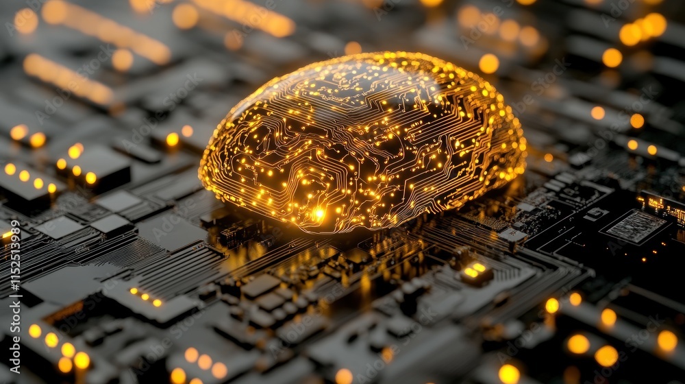 Poster glowing brain model on circuit board, representing artificial intelligence and neural networks.