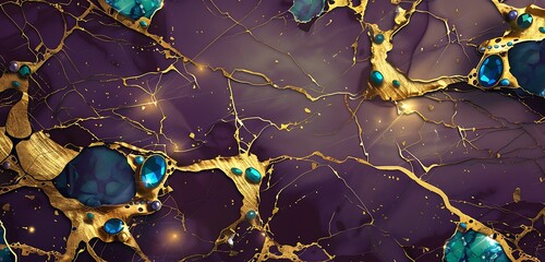 Luxurious dual color marble design with golden cracks and shining blue jewels, abstract purple background