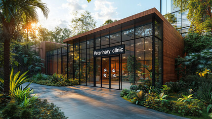 The exterior of a veterinary clinic with a clean, modern facade, large glass doors with paw-print decals, and a sign above the entrance "Veterinary clinic", with lush greenery surrounding the building