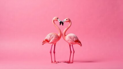 Obraz premium Two pink flamingos stand facing each other against a pink background, their necks forming a heart shape for a Valentine's theme. Concept of Heartfelt flamingos.
