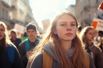 Young activist participates in peaceful protest against climate change in urban setting