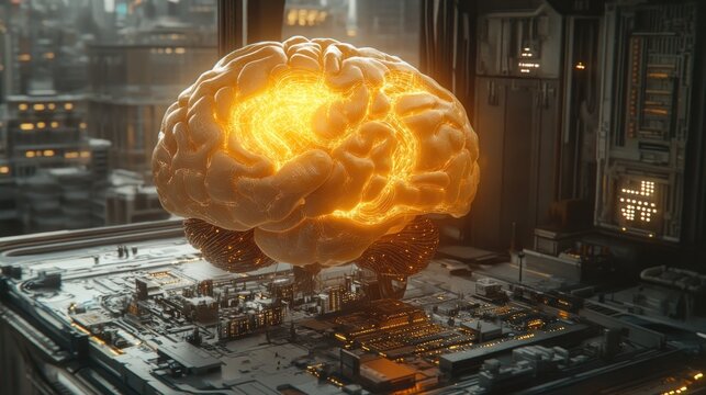 Glowing brain model on futuristic circuit board, cityscape background.
