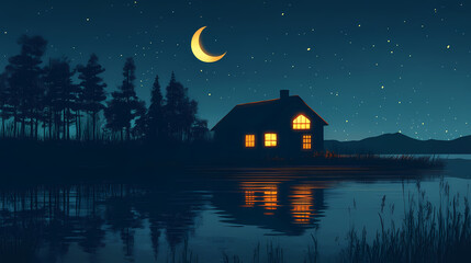 Lonely house on the lake with crescent moon in the background. Liminality. Illustration