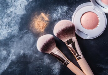 Elegant Makeup Brushes with Powder Compact on Dark Background