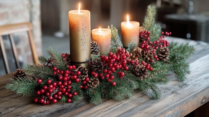 A rustic holiday arrangement of red berries, pine sprigs, and candles on a wooden table with Christmas decor