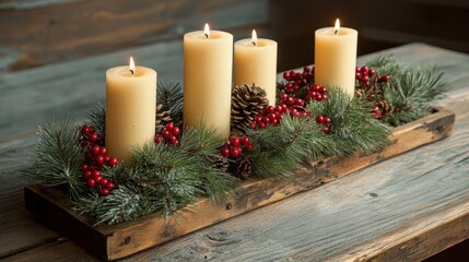 A rustic holiday centerpiece featuring pine branches, red berries, and candles on a wooden table