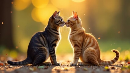 Two kittens with different fur patterns sit facing each other in a golden sunset, creating a lovely scene for Valentine's Day. Concept of feline love.