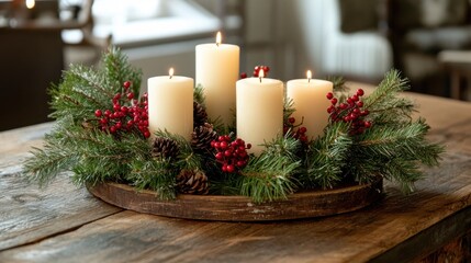 A rustic holiday centerpiece featuring pine branches, red berries, and candles on a wooden table