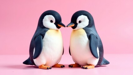 Naklejka premium Two cute penguin figures face each other against a solid pink backdrop, perfect for Valentine's Day. Concept of Penguin pair.