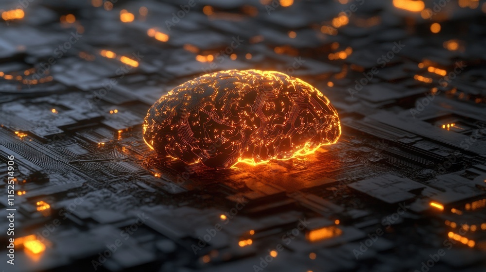 Poster glowing brain on a circuit board, representing ai and neural networks.