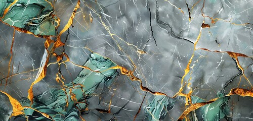 Luxurious gray marble background with golden cracks and vibrant green patterns, sophisticated look