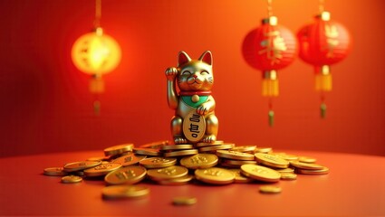 A golden waving lucky cat sits atop a pile of gold coins, surrounded by glowing red lanterns, symbolizing prosperity and good fortune in a festive Chinese setting. Generative, AI,