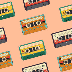 Hand drawn cassette with outline in retro colours. Vintage seamless pattern. Magnetic audio tape background. Retro tech nostalgia wallpaper. 90s 80s design