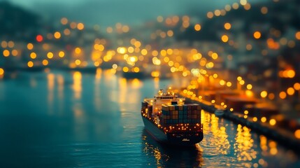 Container Ship Sailing Through Night City Lights