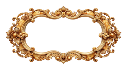 Ornate vintage gold frame with intricate floral details, classic baroque design for elegant decoration, luxurious antique decorative border isolated on transparent background