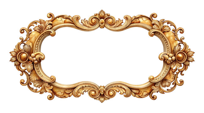 Ornate vintage gold frame with intricate floral details, classic baroque design for elegant decoration, luxurious antique decorative border isolated on transparent background