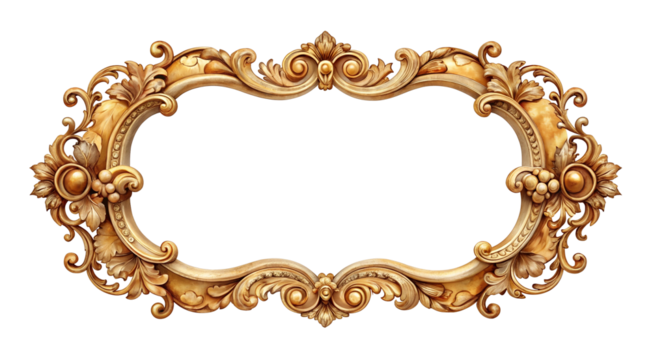 Ornate vintage gold frame with intricate floral details, classic baroque design for elegant decoration, luxurious antique decorative border isolated on transparent background